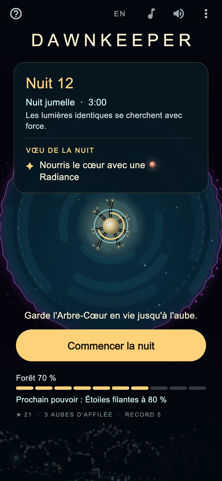 L’écran titre : la nuit du soir, son ciel et son vœu, et l’état de la forêt