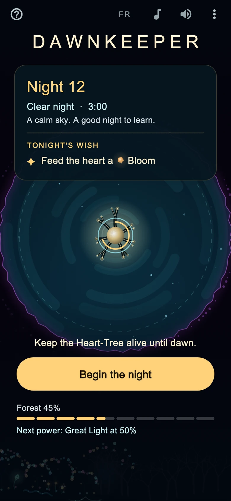 The title screen: tonight’s night, its sky and its wish, and how far the forest has healed